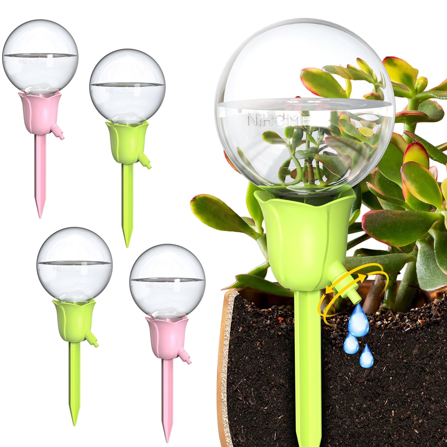 NiHome 4PCS Self-Watering Globes for Indoor & Outdoor Plants, Adjustable Flow Automatic Drip Irrigation Bulbs w/Tulip Stakes for Potted Plants, Succulents, Hanging Baskets, Gardens (2 Pink + 2 Green)