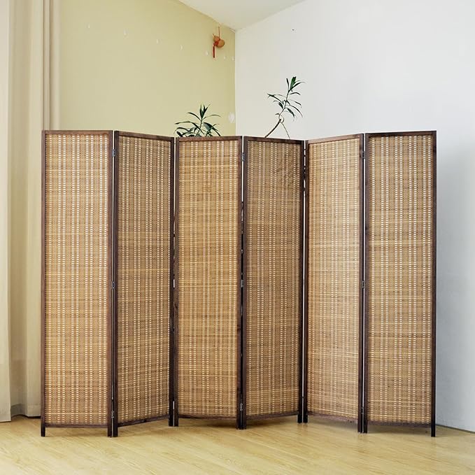 6 Panel Bamboo Room Divider Screen, 5.6 FT Tall Bamboo Divider Folding Panel