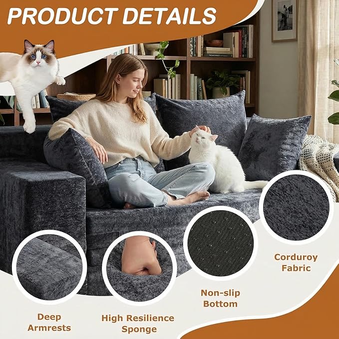 Loveseat Sofa Bed, Convertible Silky Velvet 5-in-1 Foldable Boneless Sleeper