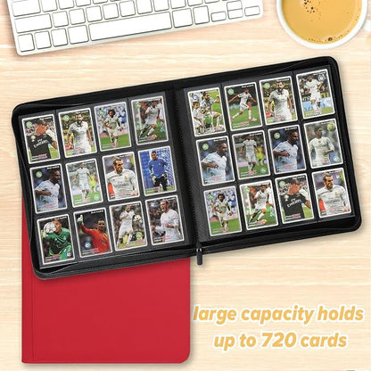 12 Pocket Ringless Side Loading Trading Card Binder, 720 Cards PU Fixed Page Zipper Card Album for TCG Sports Game Cards, Not Fit Top Loaders (Red)