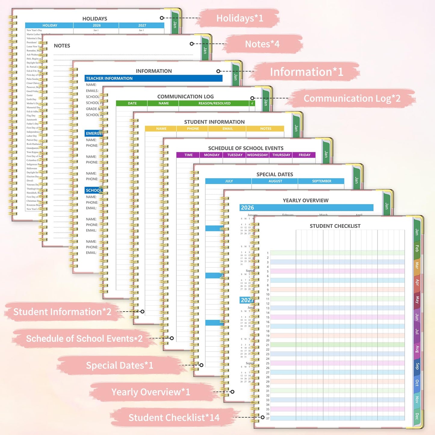 Teacher Planner 2026-2027, Jul 2026-Jun 2027 Academic Year, 8.5" x 11" Lesson Planner Book for Teacher Calendar, Spiral Bound Planners, Planning Stickers, Colorful Monthly Tabs, PinkCheckered