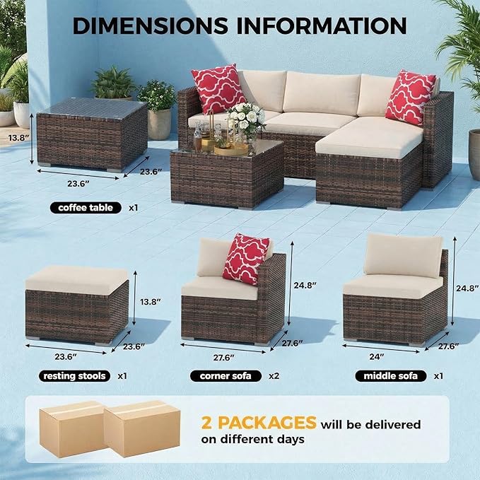 5-Piece L-Shaped Outdoor Patio Furniture Set, PE Wicker Sectional Sofa Set