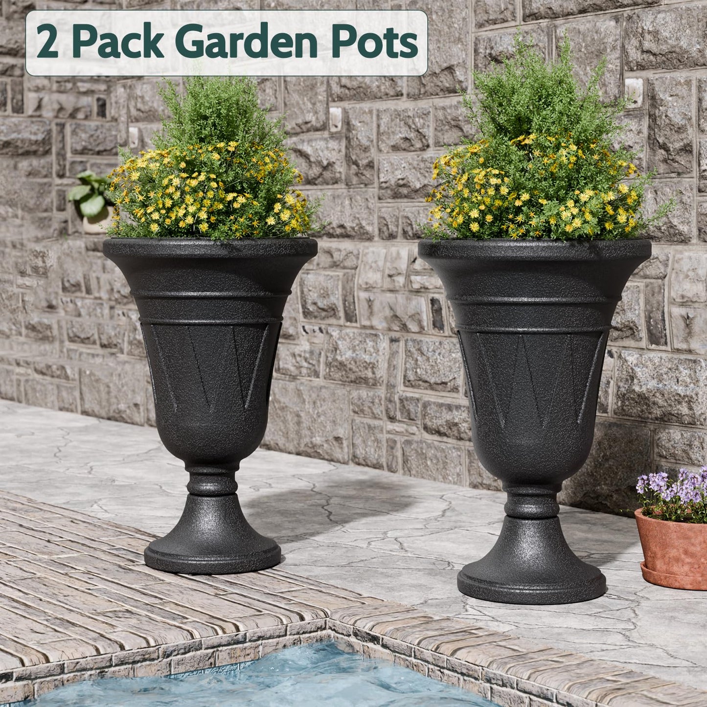 Trygoal 23.6" Tall Plastic Urn Planters for Outdoor Plants, Set of 2 Heavy-Duty Classic Indoor Large Flower Pots with Drainage Holes & Trophy Design, Outdoor Planters for Porch, Home Garden, Black
