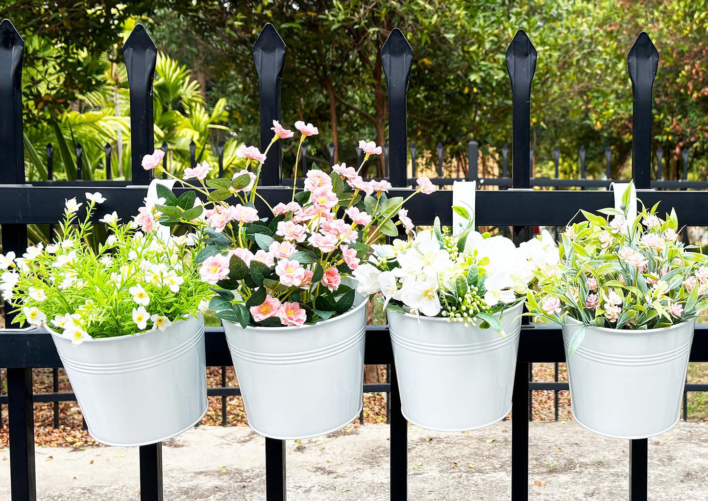 Joyfernal Pack of 4 Hanging Flower Pots, 6" White Metal Balcony Planters for Herb Succulent, Samll Railing Fence Hanging Bucket for Outdoor/Indoor Decoration (White, Pack of 4)