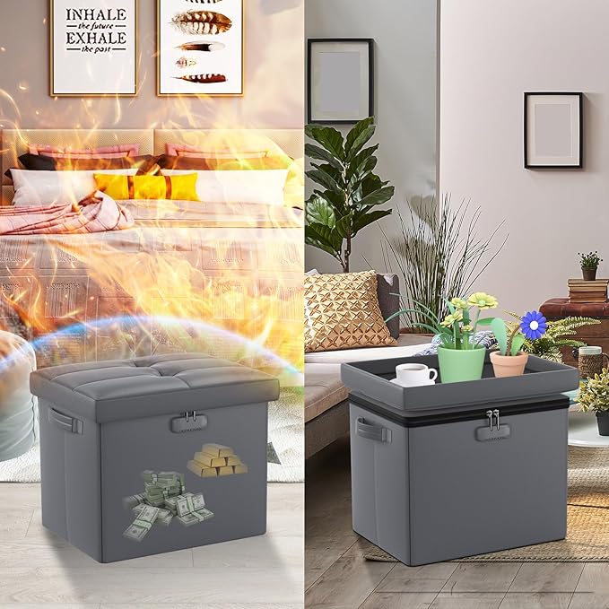 DocSafe Storage Ottoman with Lock, Fireproof Folding Ottoman Foot Rest Stool