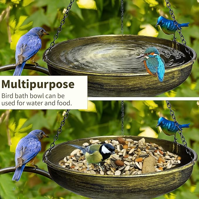 TIANCENTRAL H Hanging Bird Bath for Outdoor-11.4 Inch Bird Baths for Backyard Metal Bird Bath Bowl Outdoor Window Birds Feeder with 17”Rust-Proof Black Chains for Garden Yard and Patio Decor