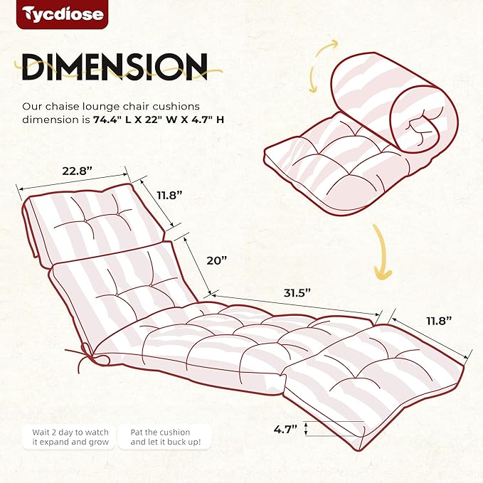 Outdoor Chaise Lounge Chair Cushion Waterproof 74.4 x 22 x 4.7 Inches Memory