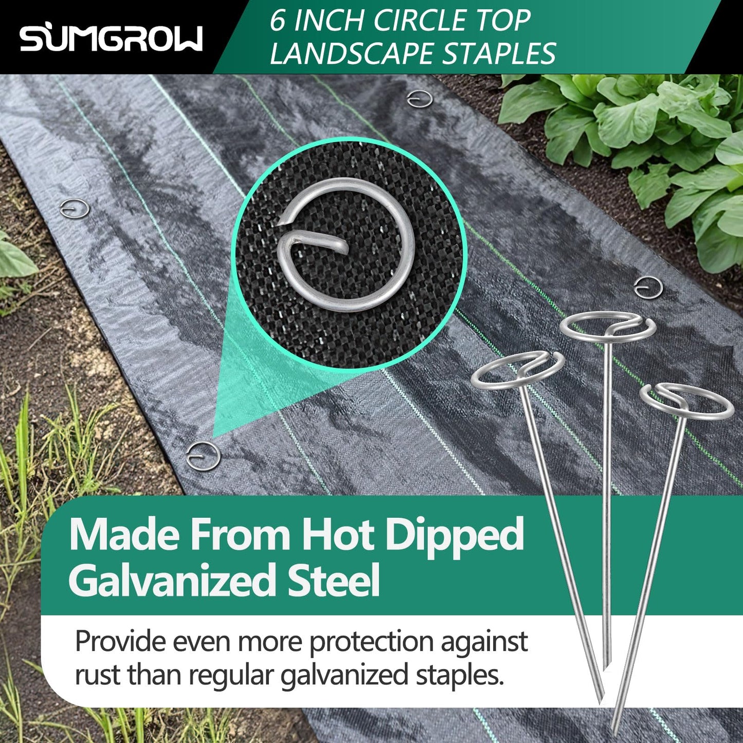 SUMGROW 120 Pack 6-inch, Landscape Staples, Fabric Pins, Weed Barrier Stakes, Circle Top Galvanized Steel Spikes for Securing Outdoor Tent, Ground Sheets, Fleece, Edging, Lawn Turf, Decorations