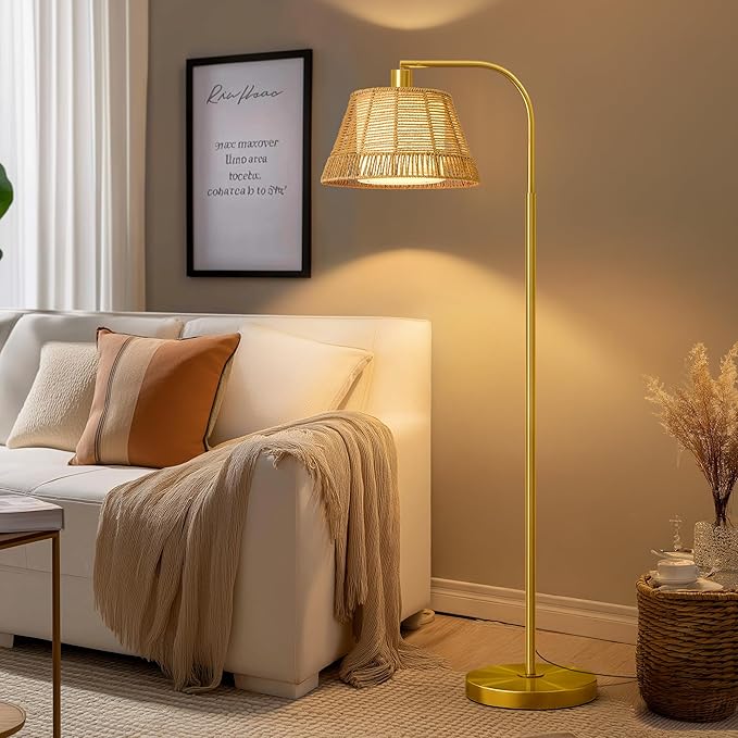 Oneach Arc Floor Lamp for Living Room, Rattan Boho Floor Lamp