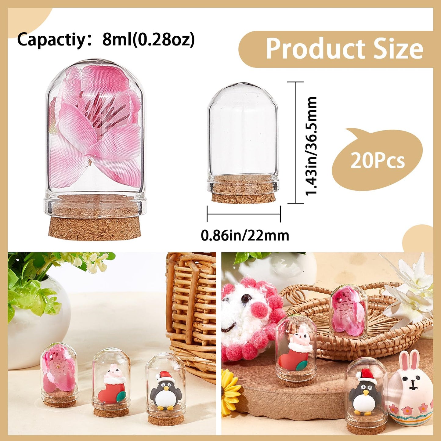 CRASPIRE 20 Sets Glass Cloche Dome Mini Display Bell Jar with Cork Base 1.43Inch Terrarium Bottles Container Stand Cover Case Clear Decorative Case for Small Figurine Flower Wedding Christmas Party