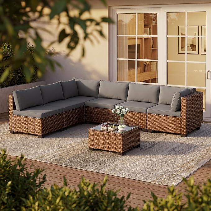 Qsun 7 Pieces Patio Furniture Set, Outdoor Sectional Rattan Sofa Set, Wicker