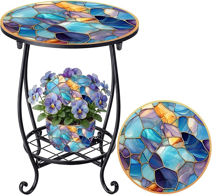 Cinnvoice Outdoor Side Table Round Small Mosaic Patio Accent Indoor End Plant