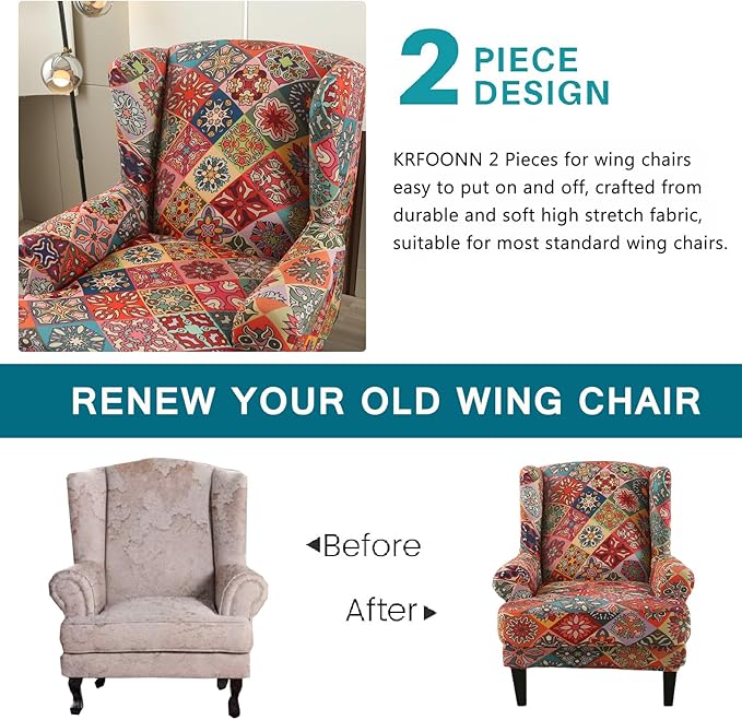 KRFOONN Stretch Wing Chair Slipcovers Printed 2 Piece Wingback Chair Covers