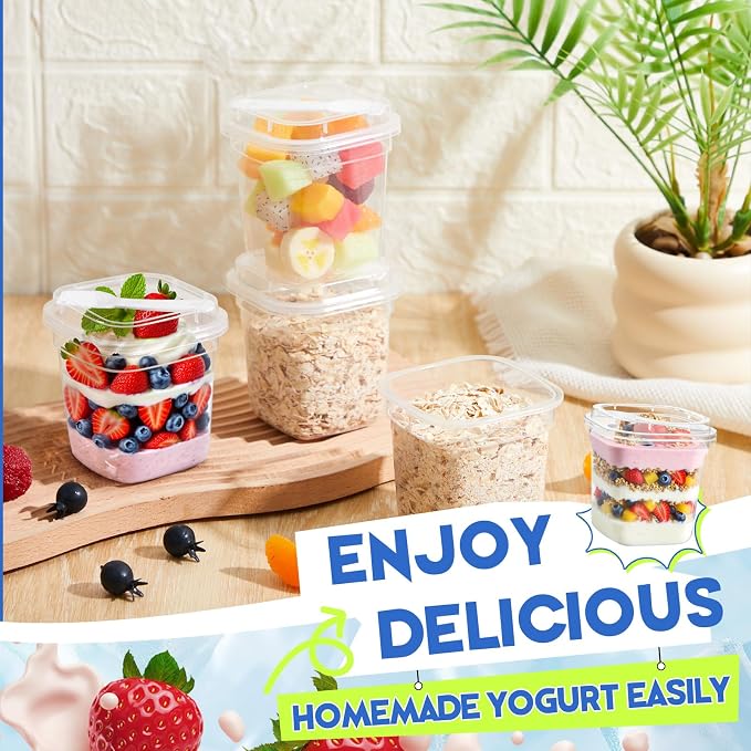 Jingmore 50 Pack 9.5oz Clear Plastic Yogurt Parfait Cups Disposable Overnight Oats Containers with Lids and Spoons Cake Fruit Jars for Food Storage Salad Ice Creams Pudding Snacks (Square Style)