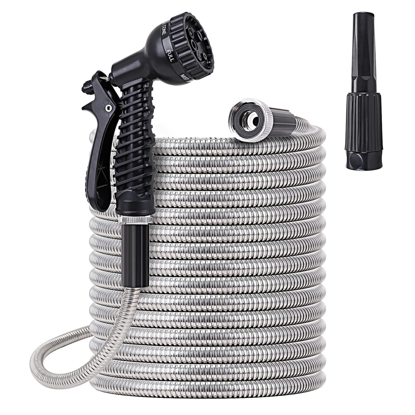 FOXEASE Metal Water Hose 25 ft - Stainless Steel Water Hose with 2 Nozzles, Lightweight, Tangle Free & Kink Free, Heavy Duty, High Pressure, Flexible, Dog Proof