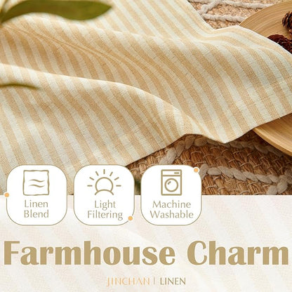 jinchan Striped Linen Kitchen Curtains 45 Inches Length Tier Curtains Farmhouse Modern Cafe Style Small Window Treatments Airy Light Filtering Rod Pocket for Living Room Bathroom 2 Panels Beige