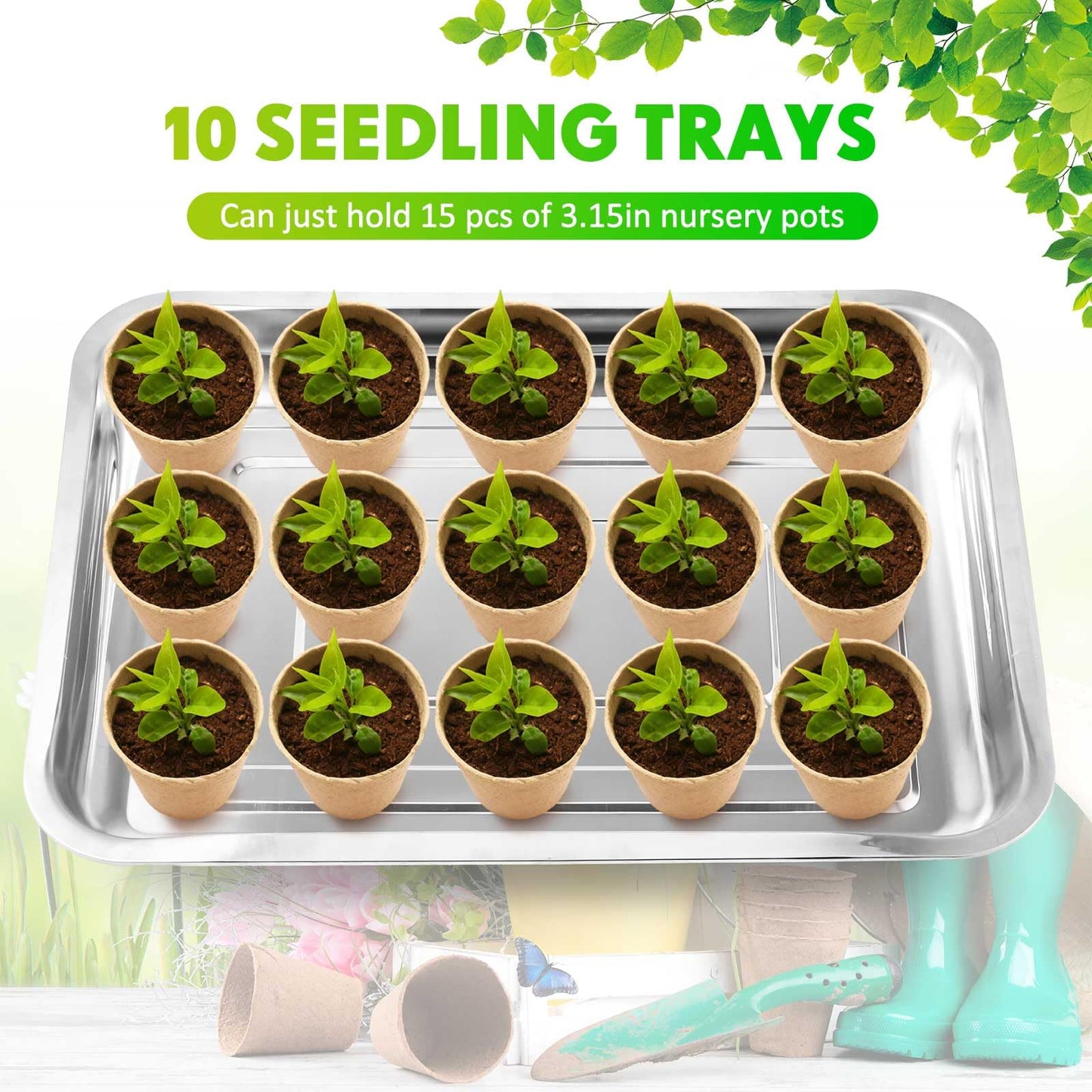 FillTouch 10 Pcs Stainless Steel Seed Starter Tray, Stainless Metal Garden Trays, Nursery Seedling Pots for Collection Transplantation & Propagation Flats, No Drain Holes(15.8 x 11.8 x 1.4 Inch)