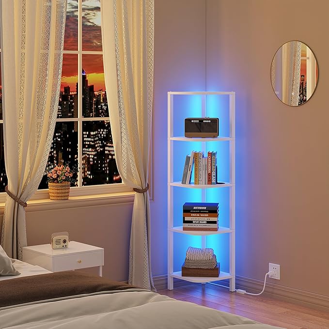 TUTOTAK Corner Shelf with LED Light, 5-Tier Corner Bookshelf