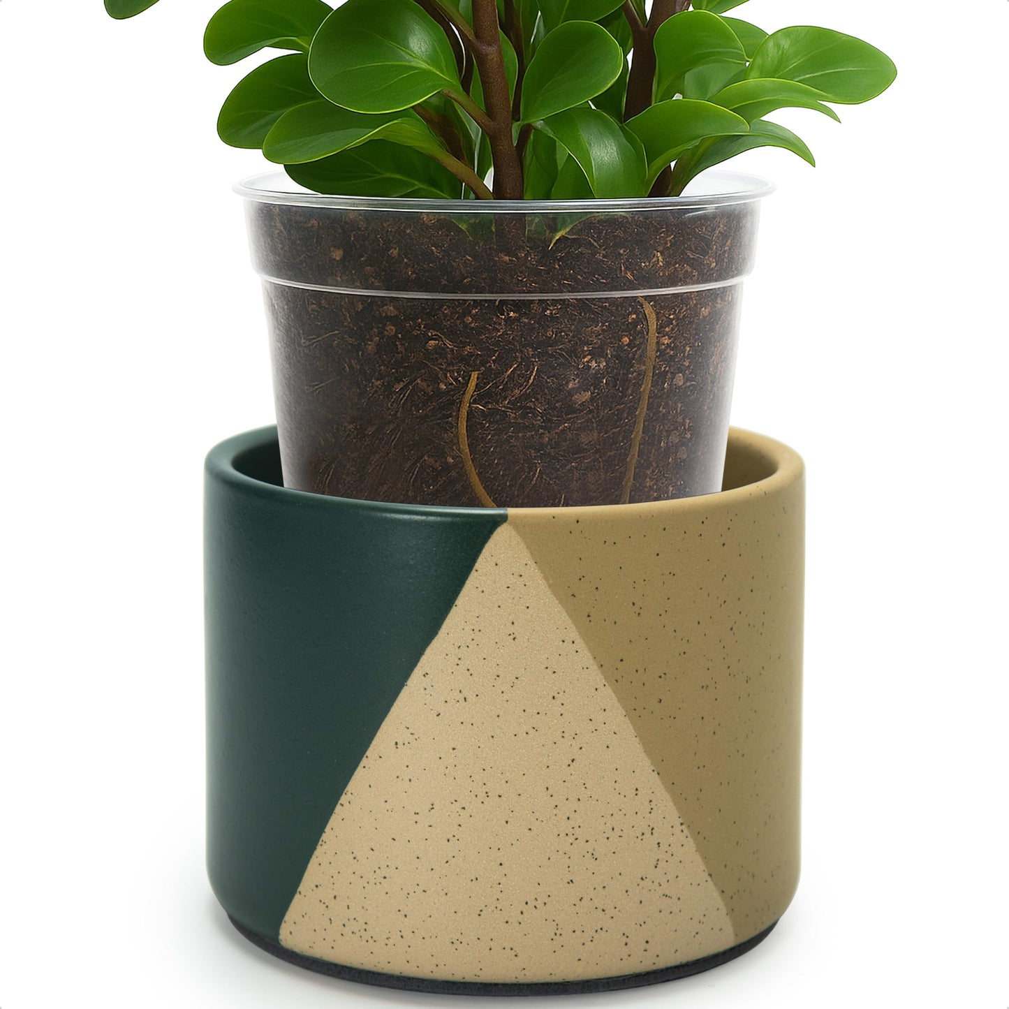 D'vine Dev 6.5" Stoneware Cachepot Planter with 6" Low Clear Nursery Pot & Detachable Saucer – Modern Indoor Plant Pot with Drainage for Bottom Watering & Root Visibility, Desert Forest, 93-O-D-1