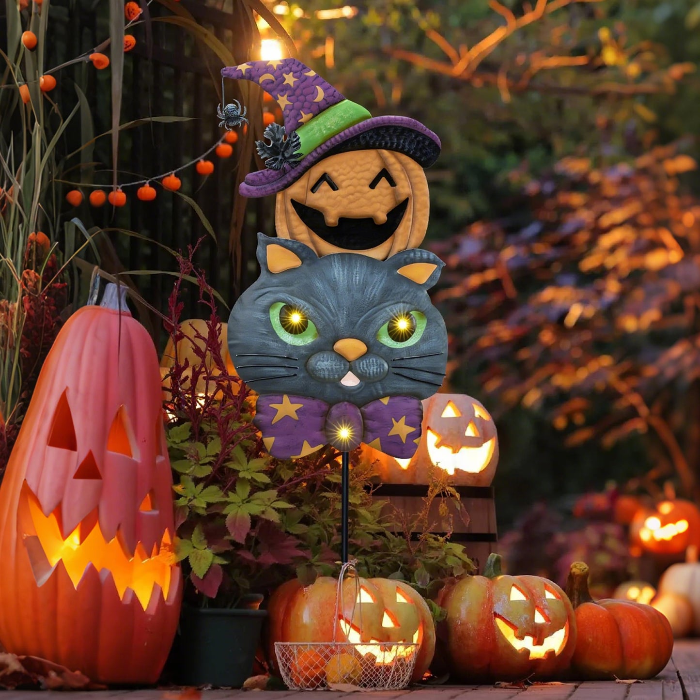 TERESA'S COLLECTIONS Metal Halloween Yard Stakes, Halloween Decorations Outdoor with Cute Black Cat Pumpkin, Jack-o-Lantern Stacked Garden Stakes Lawn Gift for Party Pathway Porch Patio Decor, 25“