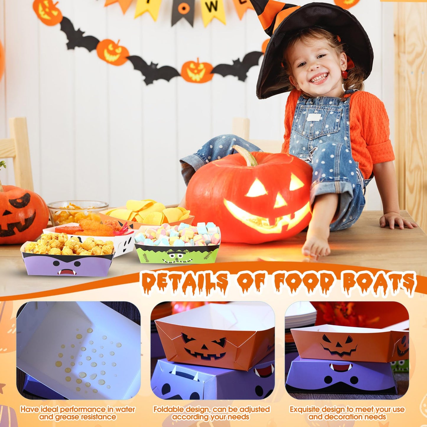 Dunzoom 36 Pcs Halloween Paper Food Trays Disposable Bowls Grease Resistant Pumpkin Monsters Ghost Food Boats Dessert Plates Nacho Snack Hot Dog Serving Tray for Halloween Party Supplies Decorations
