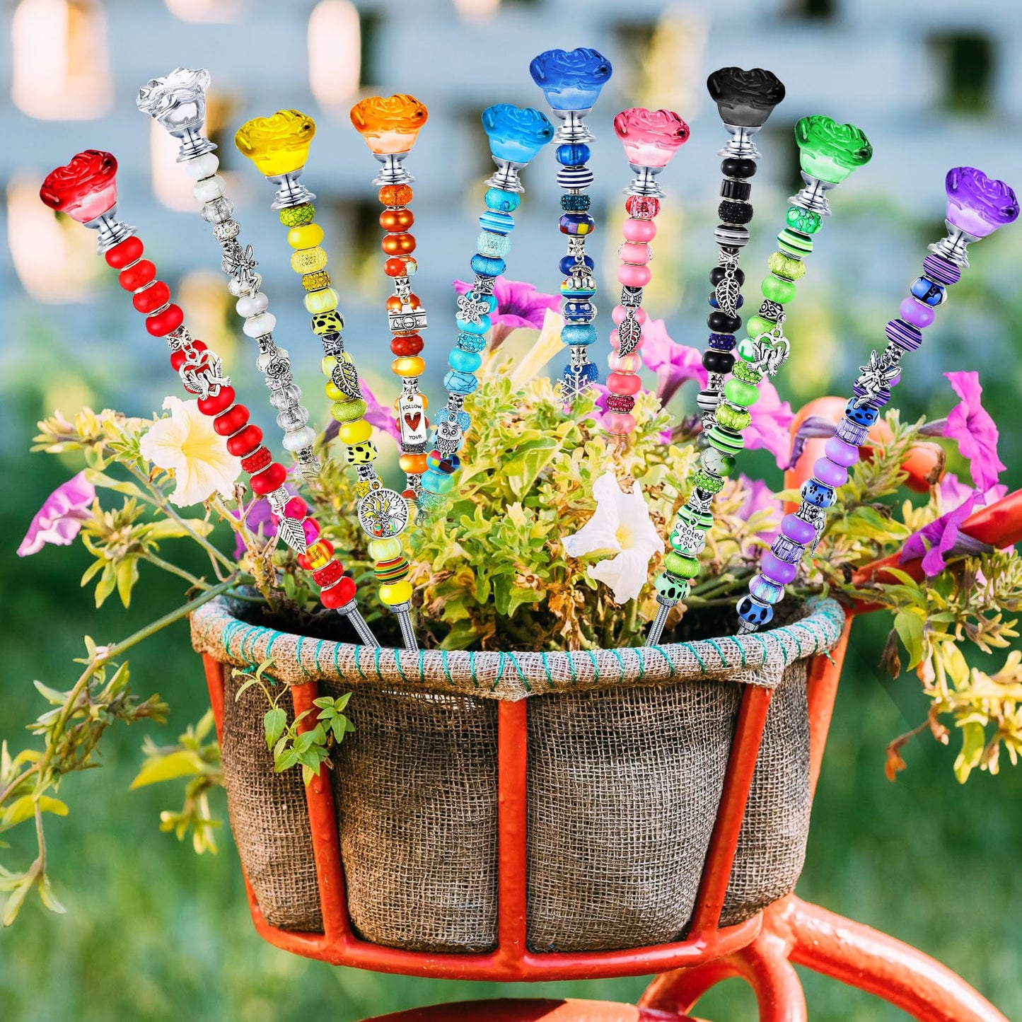 Lineshading 10 Sets Beaded Garden Stakes Kit,Rose Garden Stakes Accessories (Bright Color)