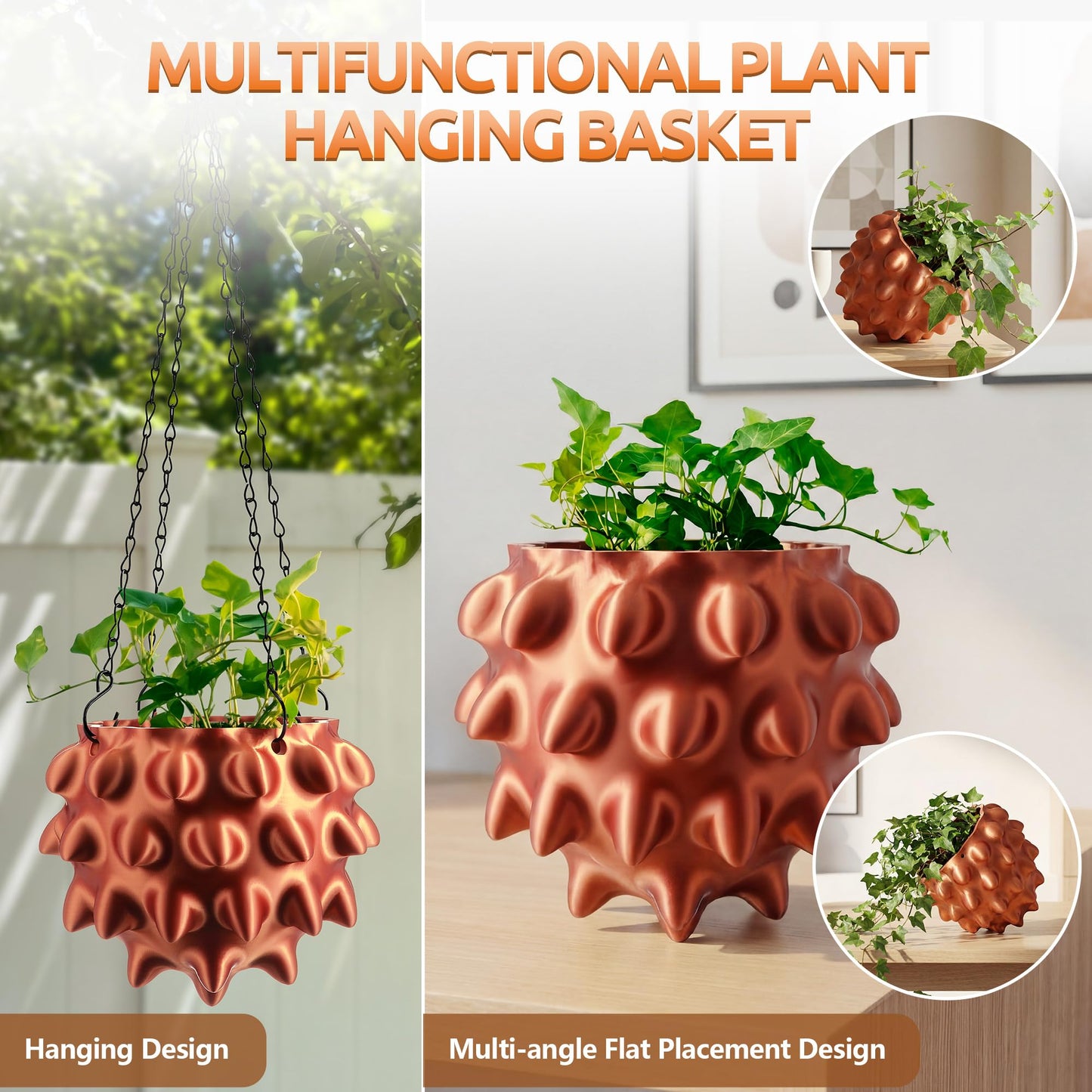 Enhon 6 Inch Hanging Planters for Indoor Plants, Unique Hanging Pots for Plants with Drainage and Hanger Baskets Hangers, Spiked Orb Plant Hanger, Silky Copper Finish