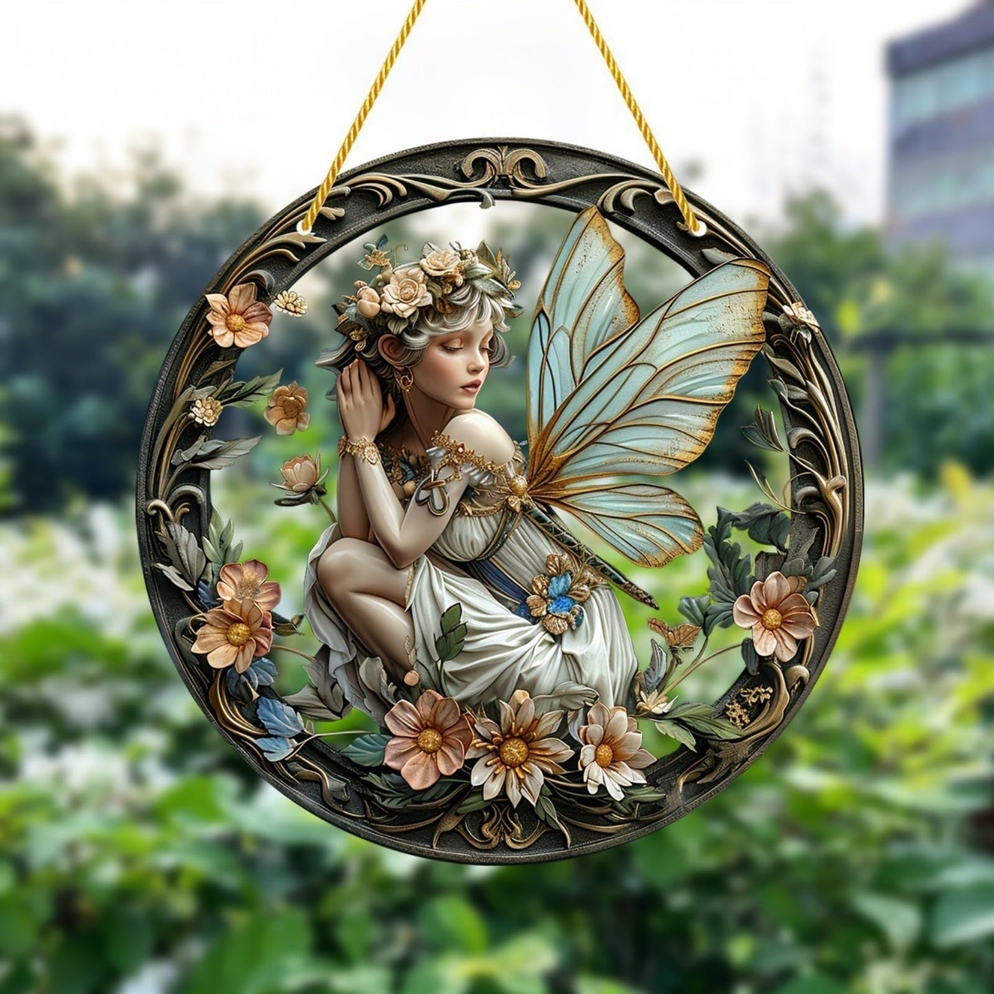 VTYFRY Flower Fairy Garden Decorations Angel Wing Christmas Halloween Deco Statue Art Elf Sculpture Hanging Craft for Outdoor Yard Courtyard Lawn Patio Window Acrylic Ornament Home Gift (A,L: 8*8 IN)