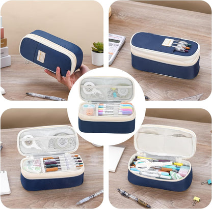Pencil Case for Boys Kids Teens Adults Big Pencil Bag with Zipper Big Pen Pouch Large Stationery Pen Case Organizer for School Blue