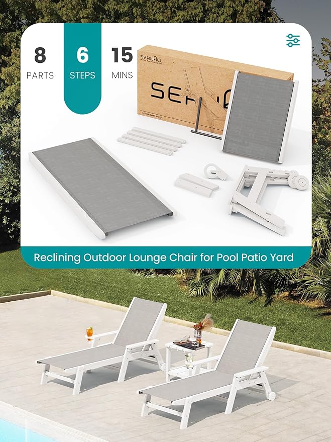 SERWALL Textilene Patio Chaise Lounge Chair Set of 2, 5 Positions Outdoor