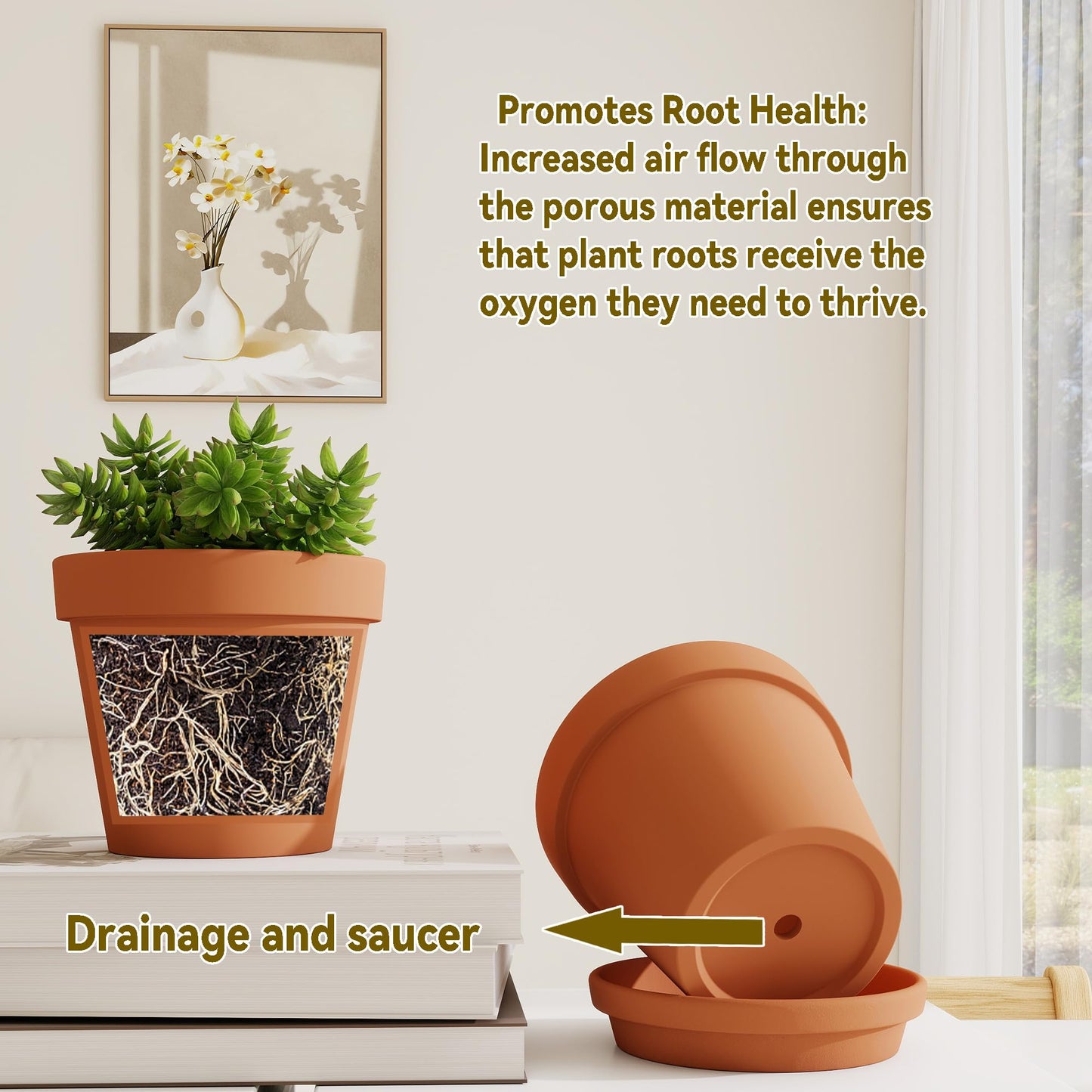 Fcacti 12 inch Terracotta Pots Set with Saucer,Ceramic Clay Planters with Drainage Hole,Garden Flower Succulent Pots with Tray for Indoor Outdoor Plants