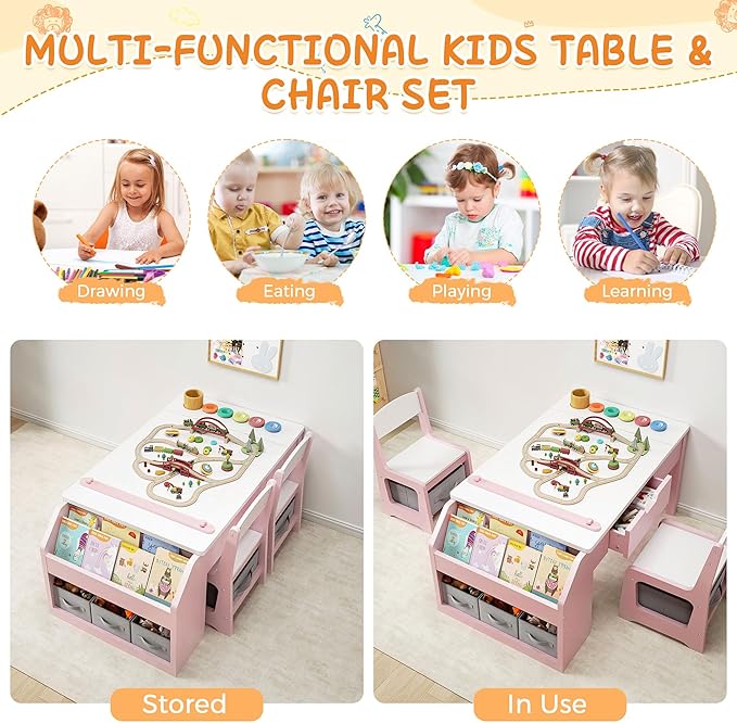 5-in-1 Kids Art Table and Chairs, Wood Toddler Table and Chair Set