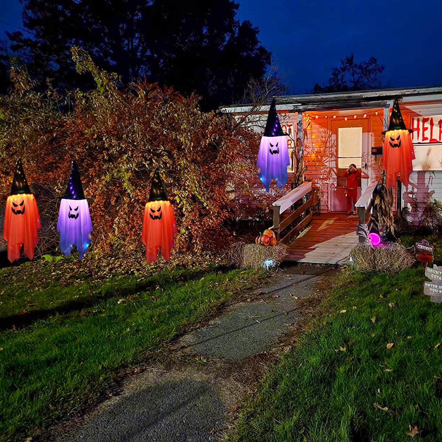 BokingOne Halloween Decoration 2 Pcs Large Halloween Lighted Glowing Ghost Witch Hats, Hanging Ghost Ornaments for Indoor Outdoor Home, Garden, Tree, Yard Party Decor