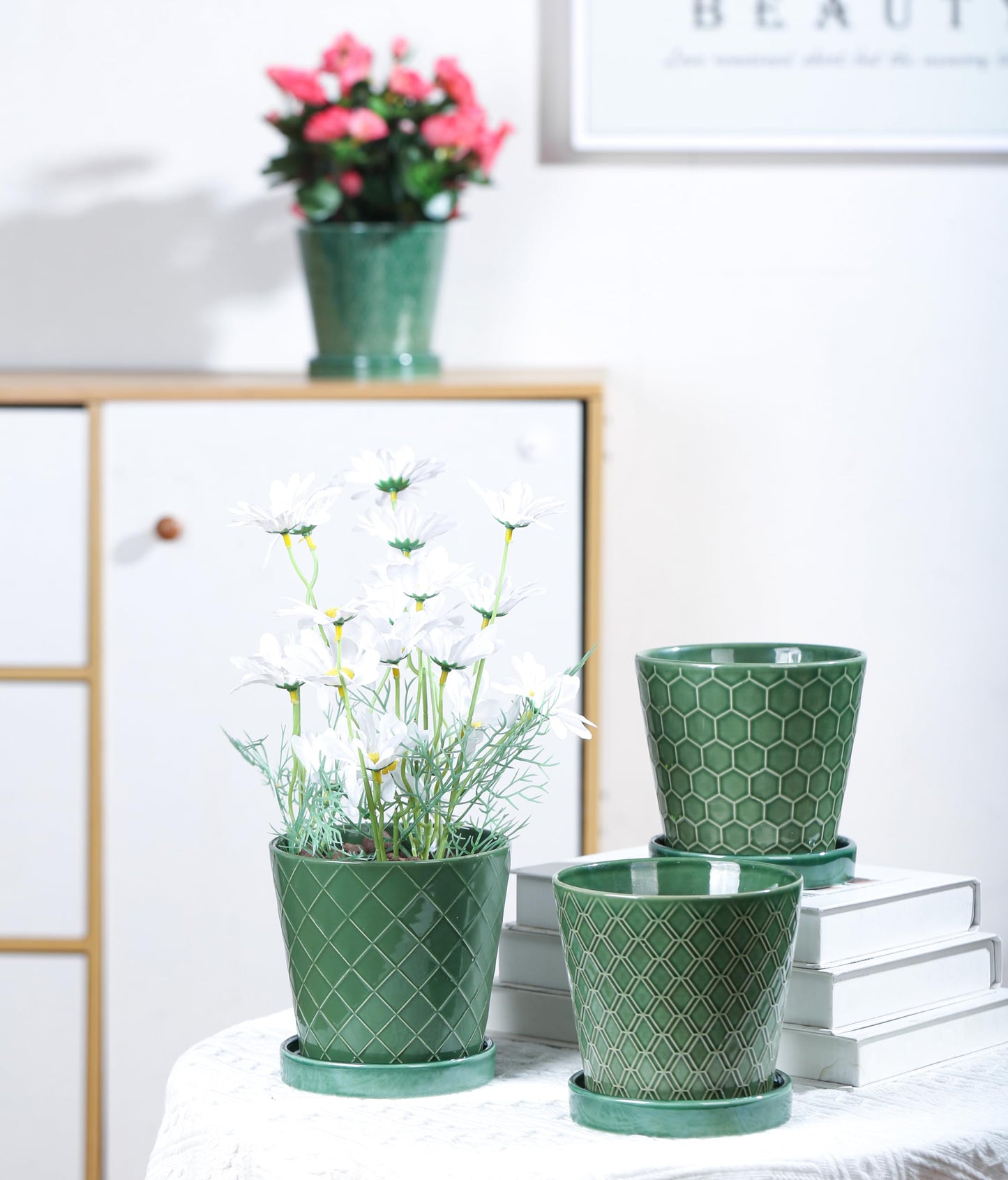 BUYMAX Plant Pots Indoor –5 inch Ceramic Flower Pot with Drainage Hole and Ceramic Tray - Gardening Home Desktop Office Windowsill Decoration Gift, Set of 4-Plants NOT Included (Patina)