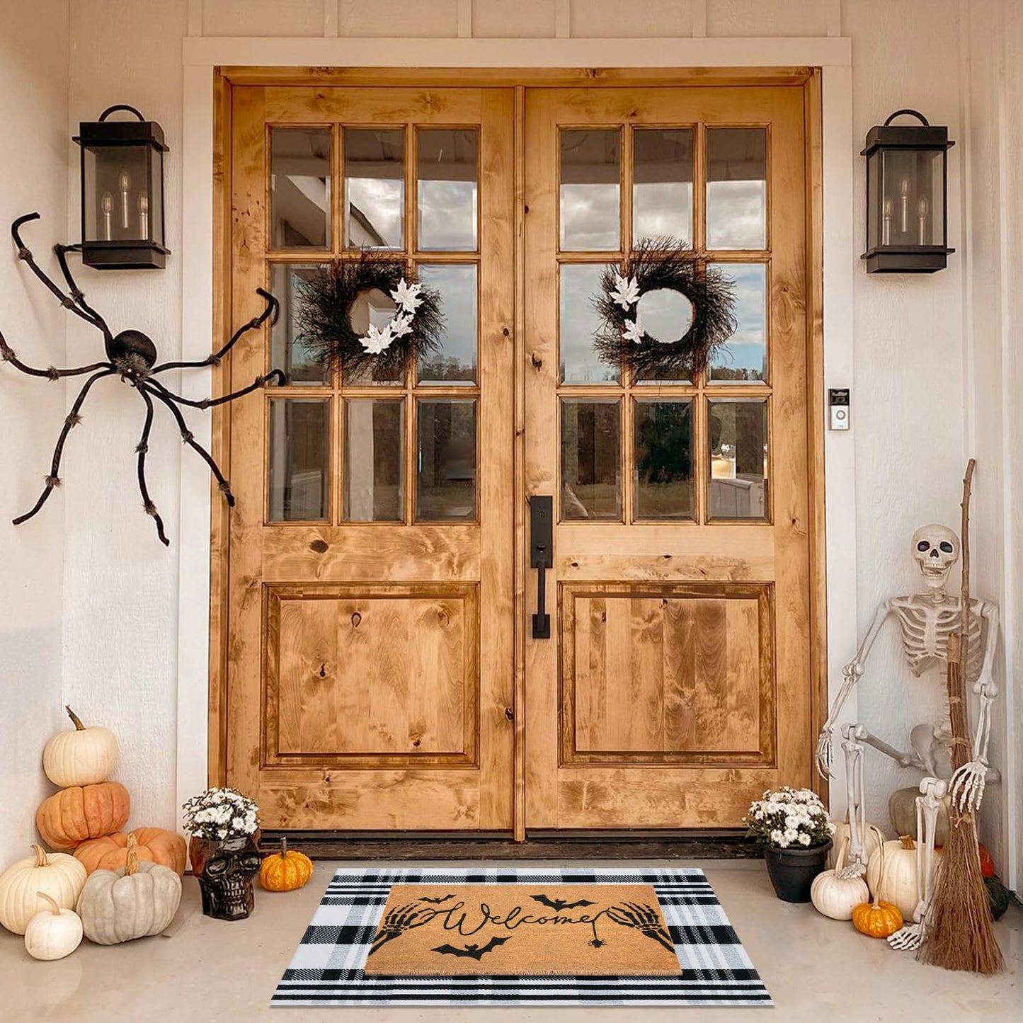 Fallovea Halloween Welcome Door Mat Combo Set, Skeletal Hand Coco Coir Doormat -28" x 43" Black and White Striped Rug, Autumn Front Porch Entryway Decor Floor Mat