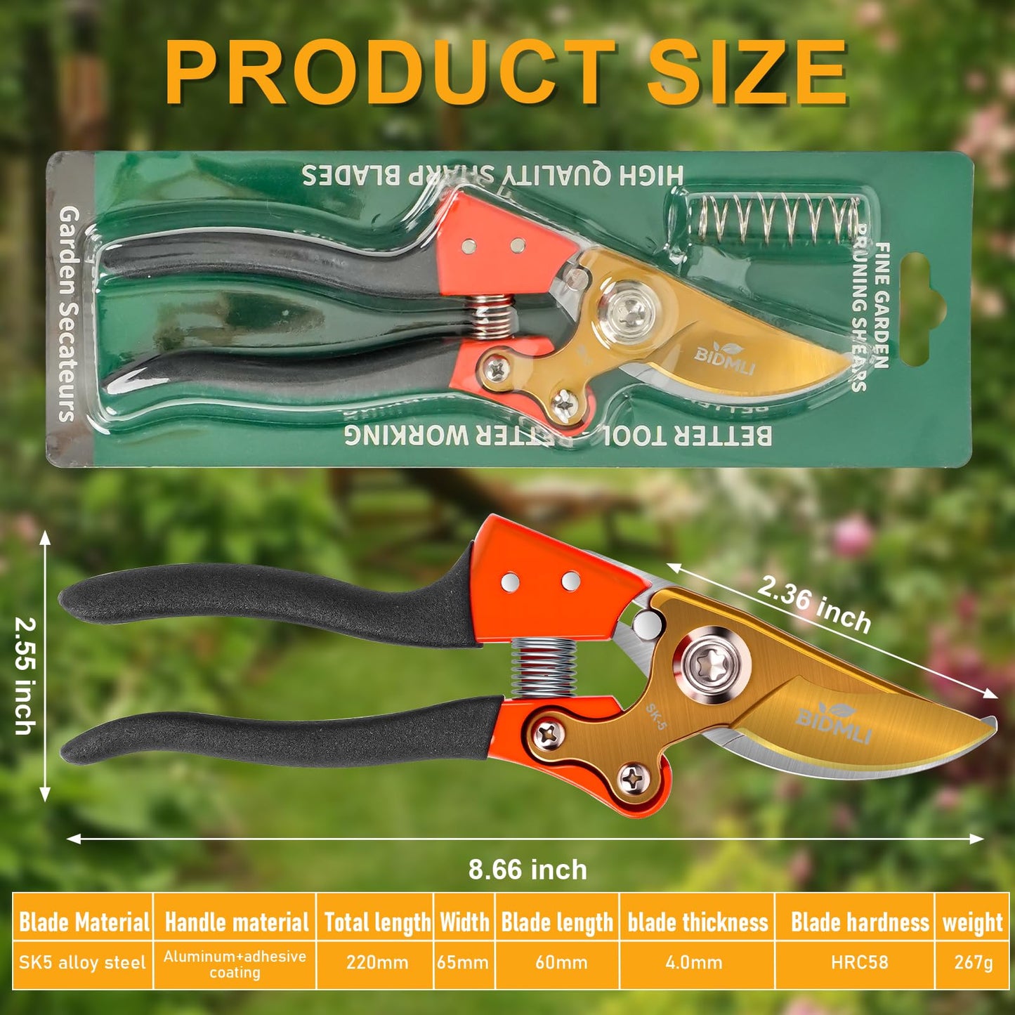 Heavy Duty Pruning Shears，Garden Scissors & Clippers with Red-BIDMLI 8.66" SK5 Steel Blades & Aluminum Alloy Handles, Tree Branch Cutter, Ideal for Thick Branches, Dry Twigs, Flower Pruning Tool.
