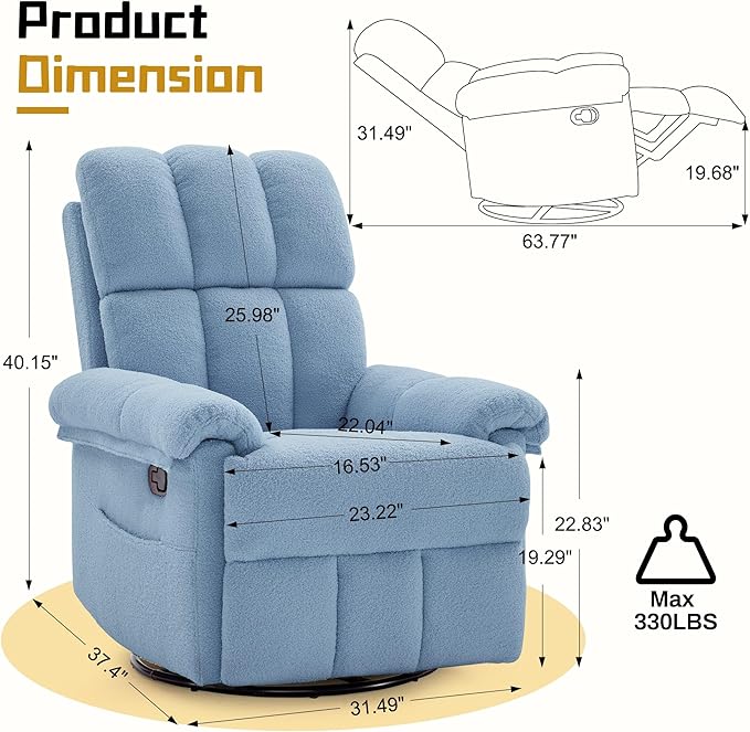 Korser Recliner Chair, Swivel Rocker Recliner Chair