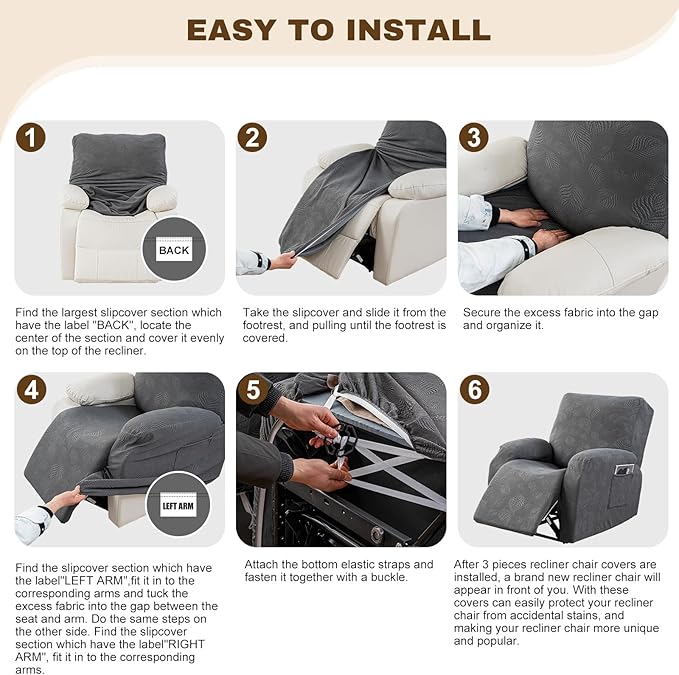 Gennia Recliner Chair Covers 3 Pieces, Waterproof Jacquard Reclining Chair Cover