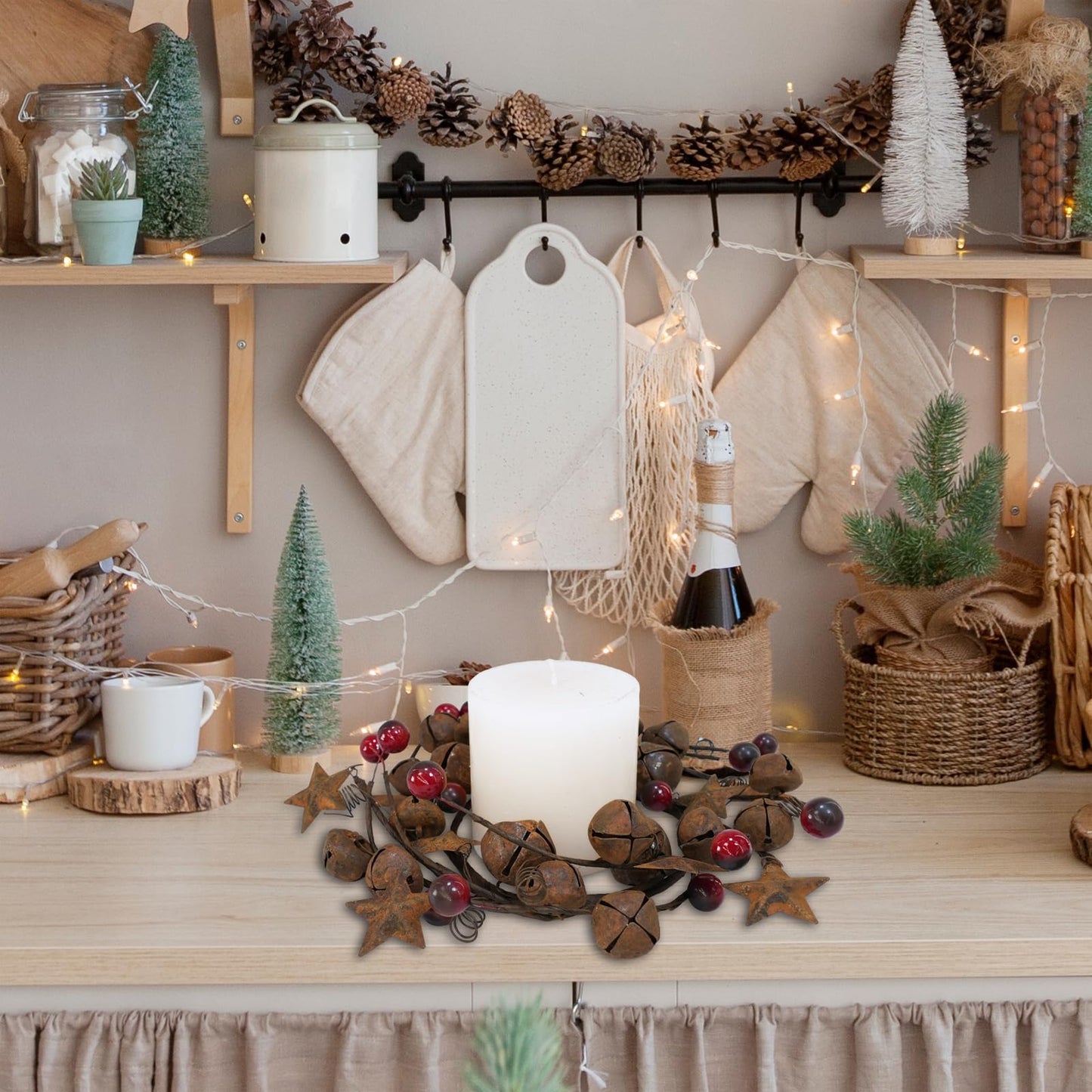 Winlyn 4 Pcs Christmas Jingle Bells Candle Rings Rusty Bells and Stars Wreaths Burgundy Berries 4.1" Center Mini Decorative Wreaths for Primitive Farmhouse Holiday Home Table Decoration Centerpiece