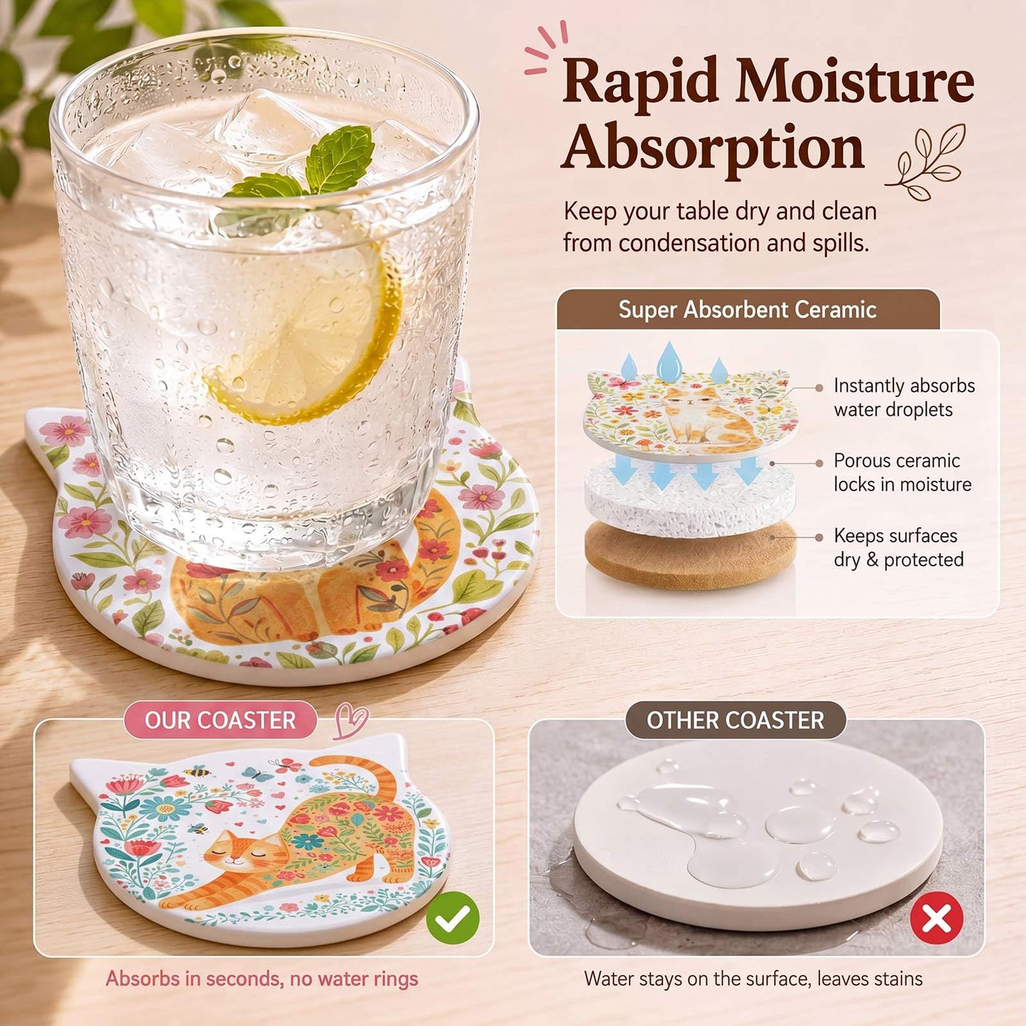 LemonRoad 4 Pack Cat Ear Coasters for Drinks 4.25 Inch Cute Absorbent Ceramic Coasters Non-slip Wooden Base for Housewarming Cat Lovers Gifts Kitchen Home Office decorate for Cold Drinks Wine Mugs Cup