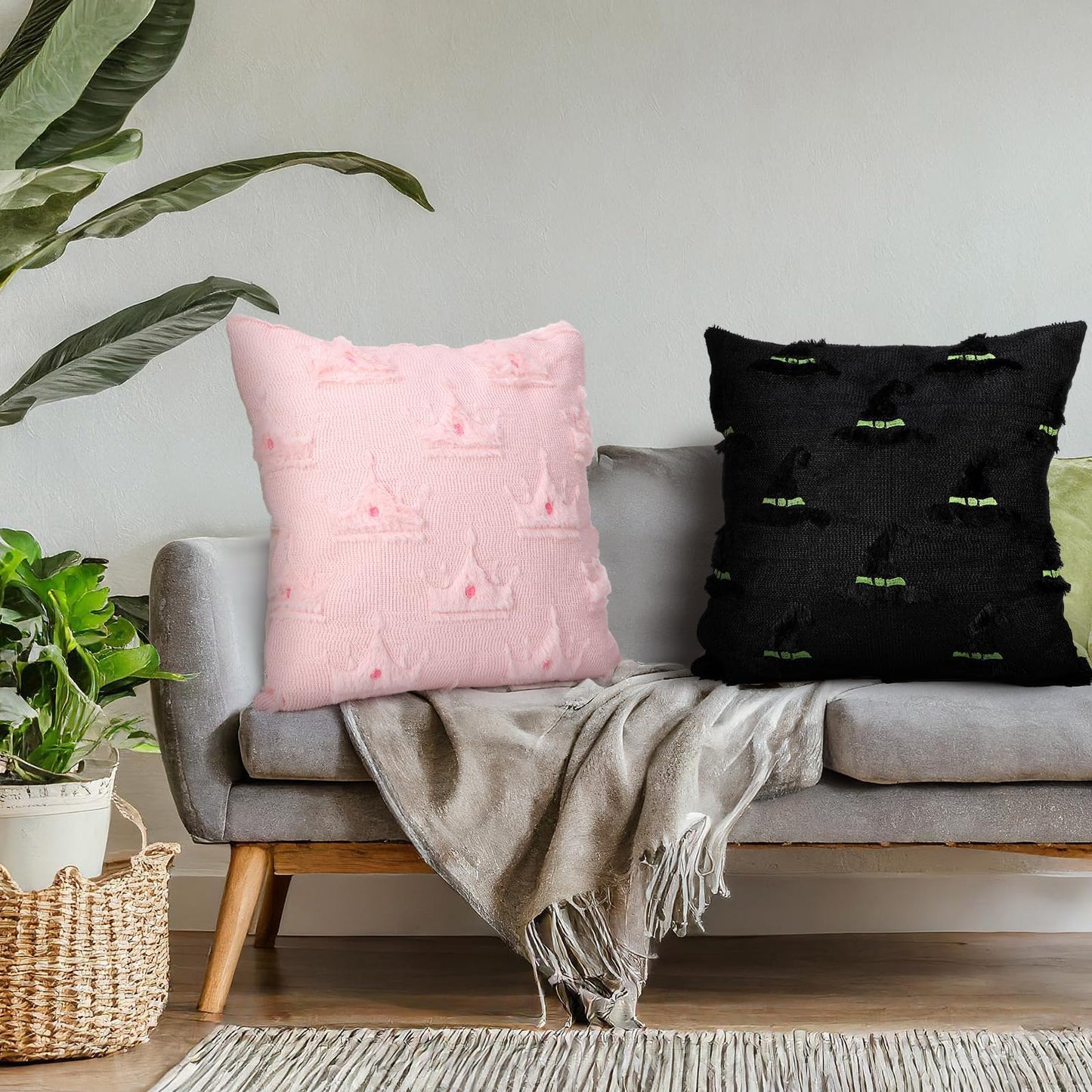 Mindsoft Set of 2 Witch Hat and Pink Crown Pillow Covers for Girls 18x18 Inch Witch Theme Throw Pillow Cases Soft Plush Cushion Covers for Christmas Halloween Sofa Couch Living Room