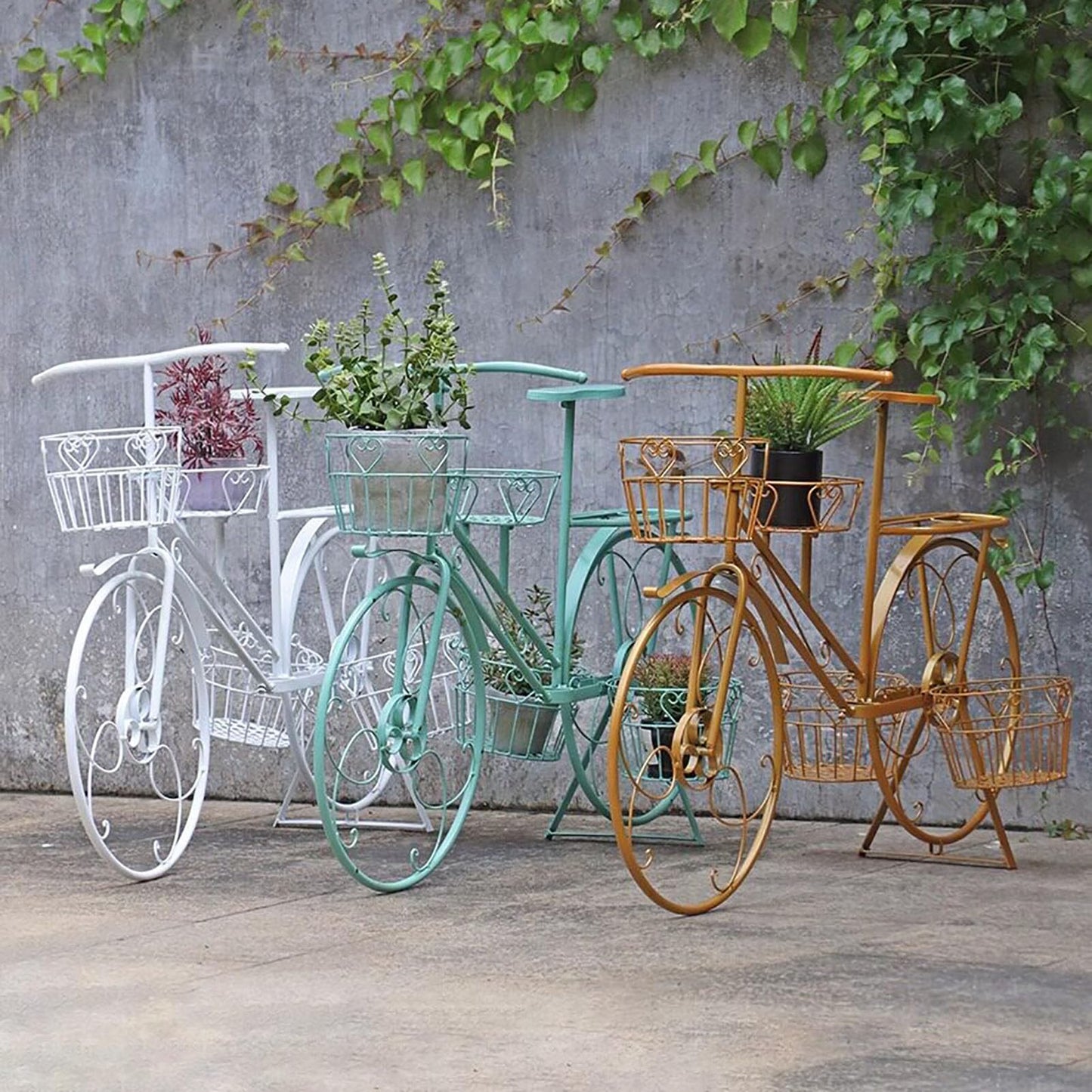 yerealye Metal Bicycle Plant Stand, Outdoor/indoor Decorative Flower Rack Bike Shape Planter Flower Holder with 4 Baskets for Patio, Garden, Balcony, Yard, Home Decor Ornament(108x70cm(42x27), Green)