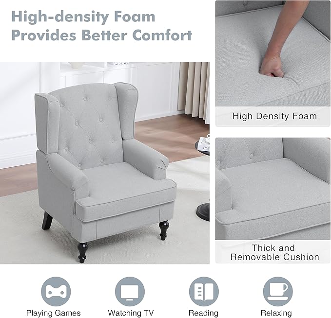 Accent Chair Set of 2, Mid Century Modern Fabric Wingback Chair, Upholstered