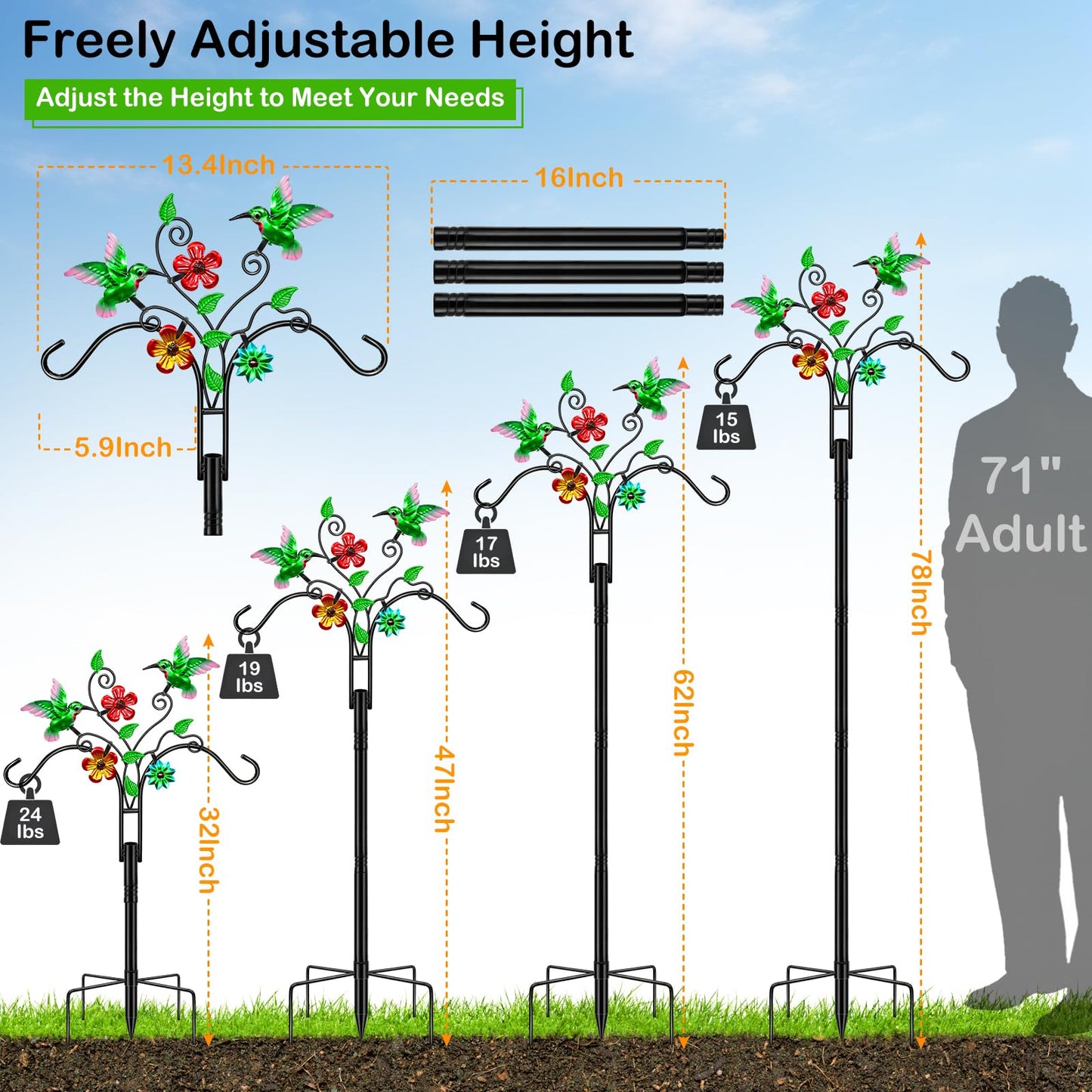 Double Shepherds Hooks for Outdoor, 2 Pack 78 Inch Bird Feeder Pole with 5 Prongs Base, Adjustable Heavy Duty Plant Hangers Hummingbird Art for Outdoor Plants Hummingbird Feeder Hanging Basket Lantern