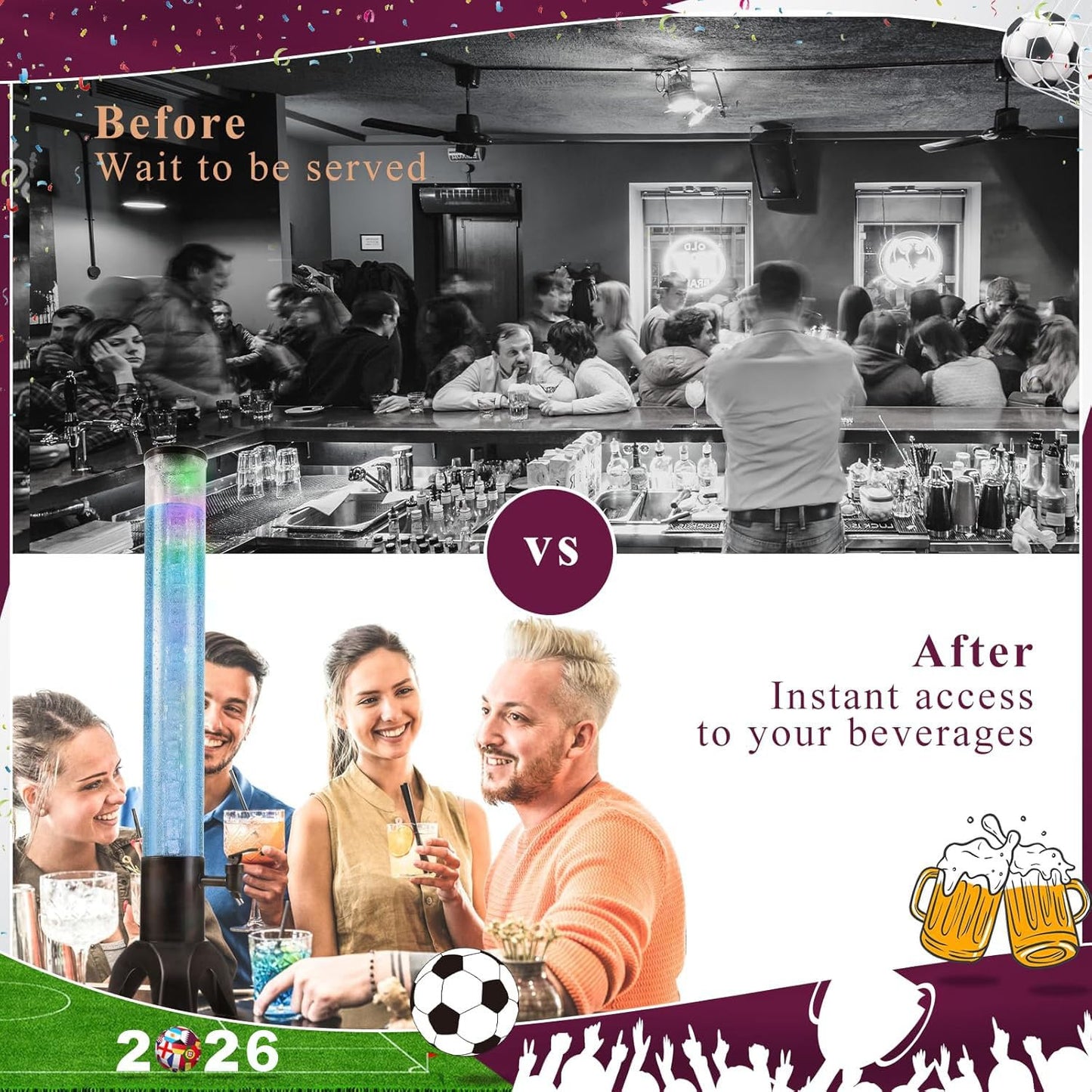 COSYOO Drink Tower, 3L Mimosa Tower Dispenser With Ice Tube and Led Light, Tabletop Beer Dispenser 3.17 Qt./101oz, Ideal for Parties Bars Pubs Restaurants