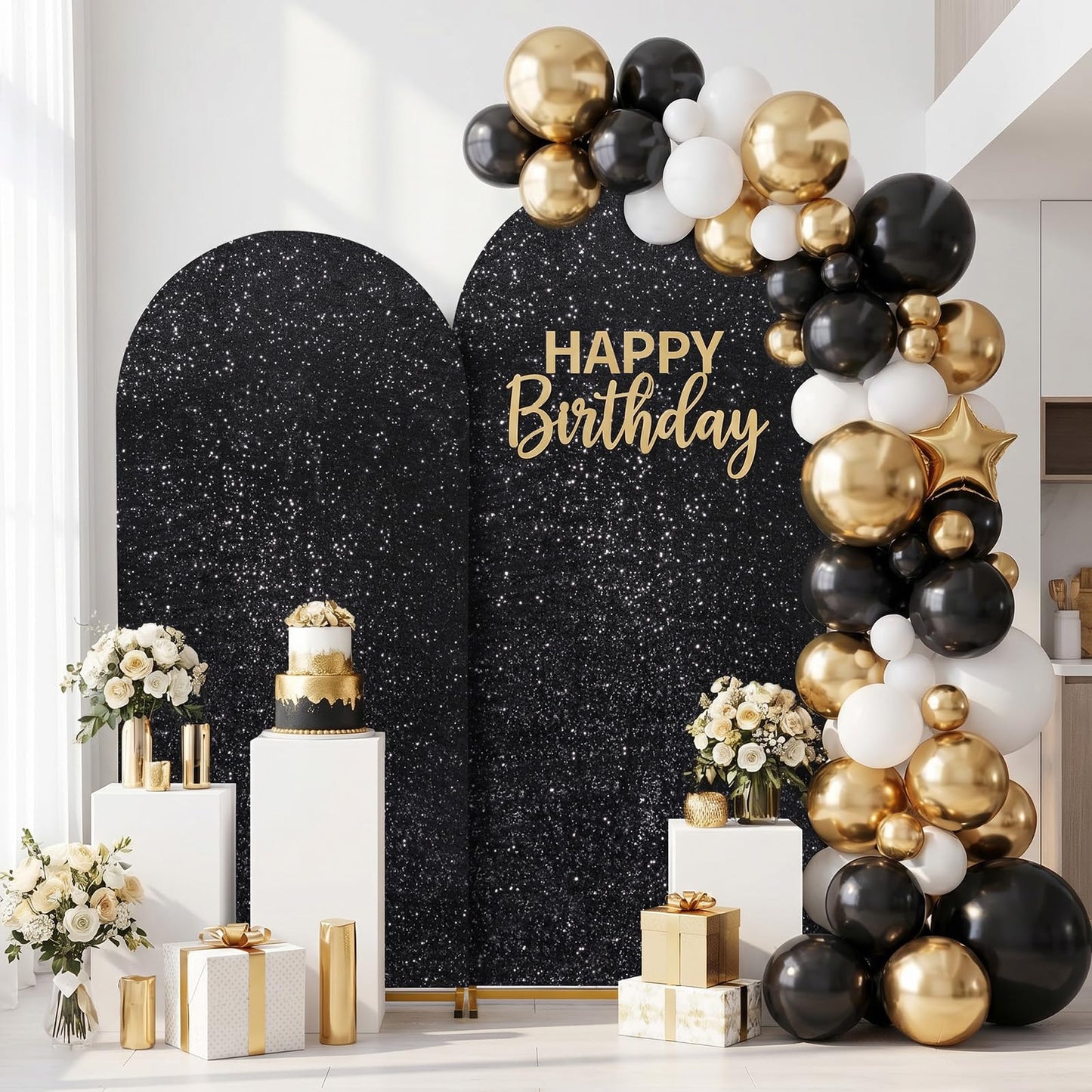 Wedding Arch Cover Set of 2 Glitter Sequin Fitted Arch Stand Covers for Halloween Party Bridal Shower Photo Balloon Arch Covers (7.2FT, 6FT, Black)