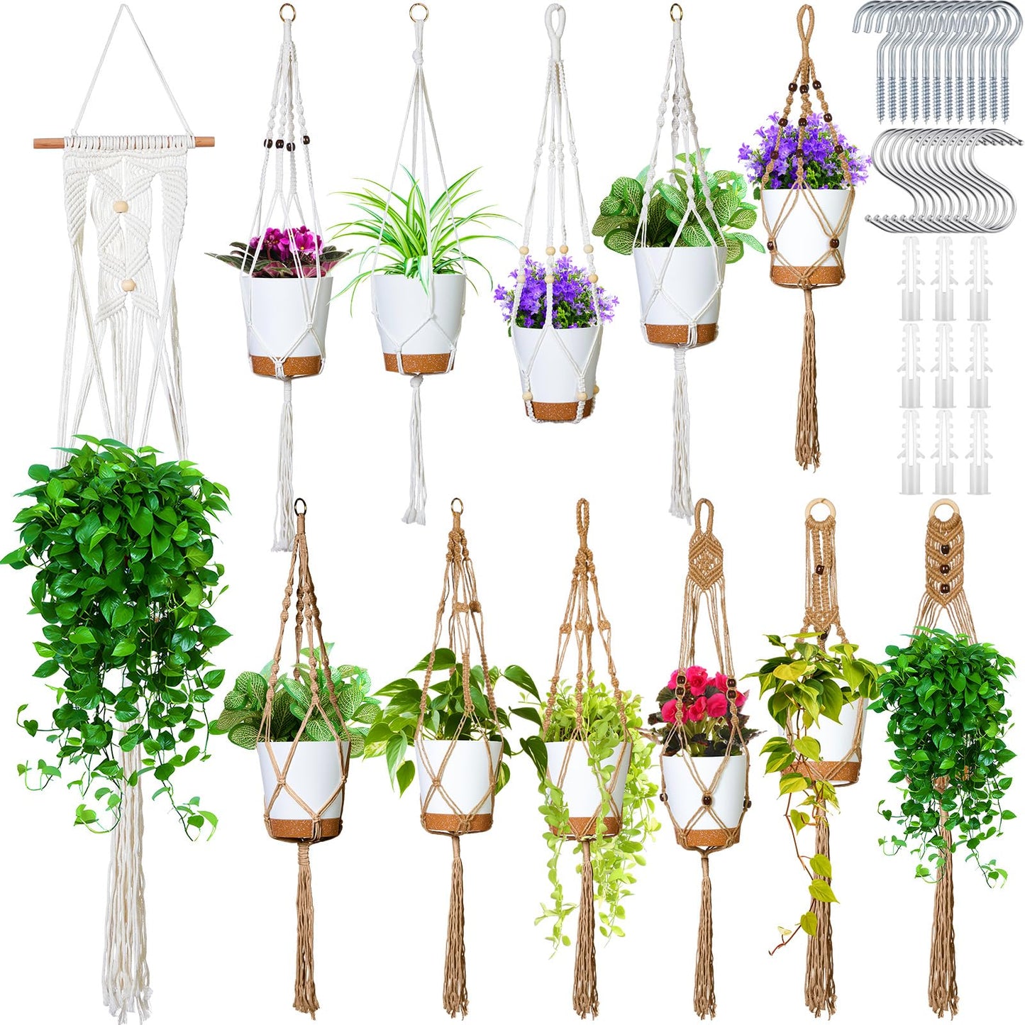 Hoteam 12 Pcs Macrame Plant Hangers Macrame Hanging Planters for Indoor Plants Handmade Boho Hanging Baskets Flower Pots Holder for Outdoor Home Wall Decor(Beige, Brown)
