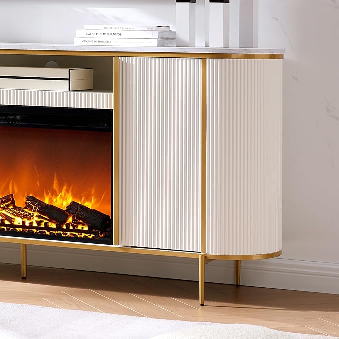 OKD Luxury 70" Fluted Fireplace TV Stand, Modern Chic Entertainment Center