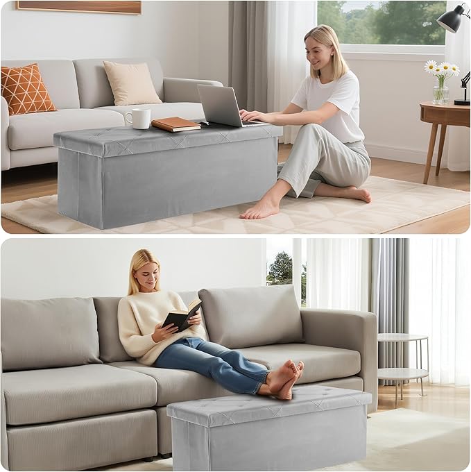 DUMOS 43 Inch Folding Storage Ottoman Bench, Large Storage Chest withThicker