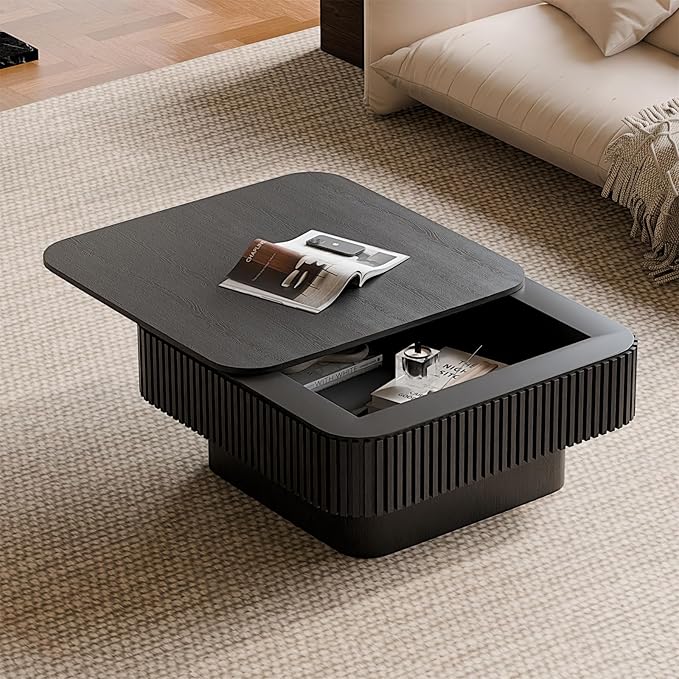 Square Coffee Table for Living Room, Fluted Drum Accent Tea Center Table